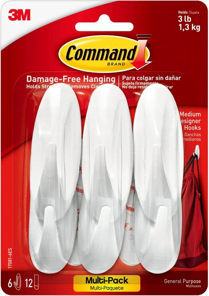 Command Medium Designer Hooks, Holdes up to 3 lb, 6 Wall Hooks Medium, White