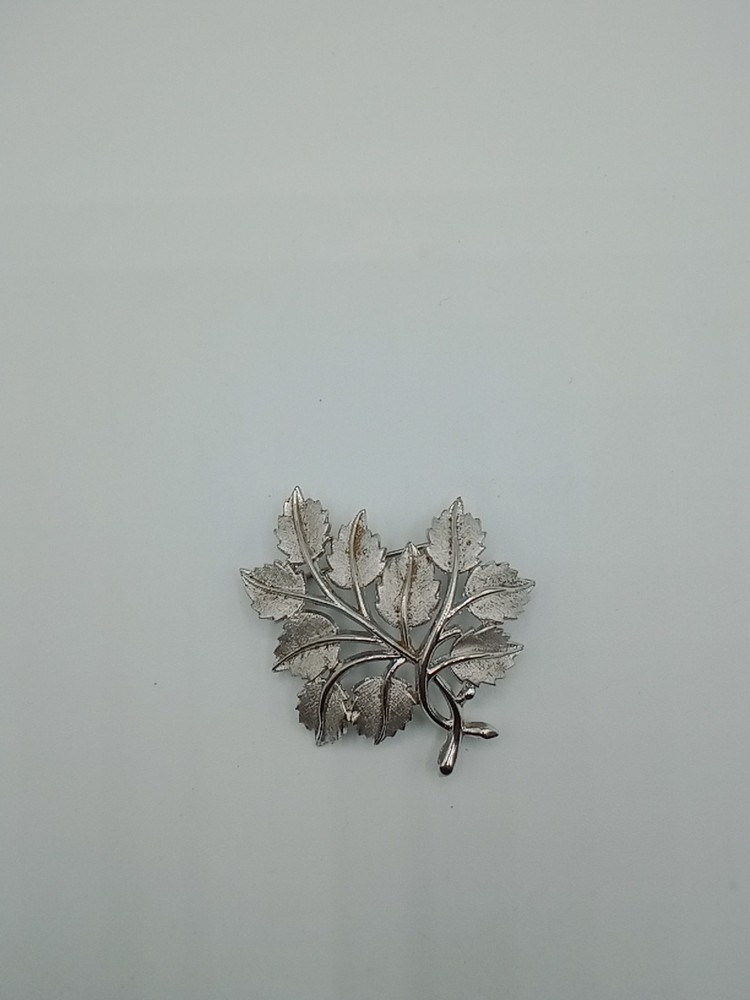 Vintage Crown Trifari Pin Brooch Silver Tone Brushed Leaf Branch