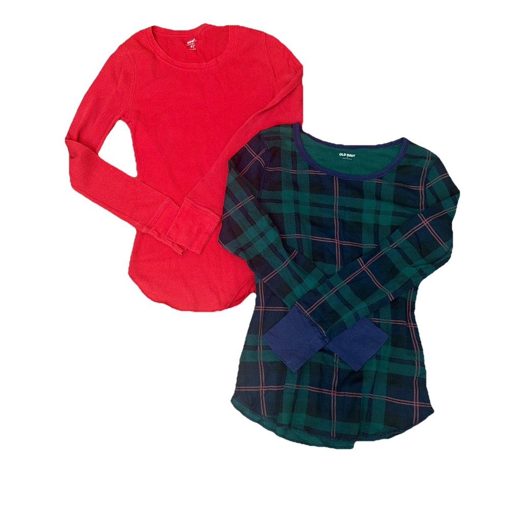 Old Navy Long Sleeve Thermal :Waffle Knit Tops: Red-Green Multi Lot Of 2