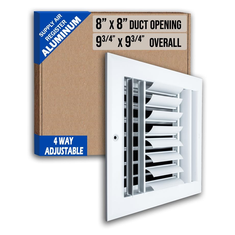 Fits 8x8 Duct Opening Aluminum 4-Way Adjustable Air Supply Grille by | Curved...