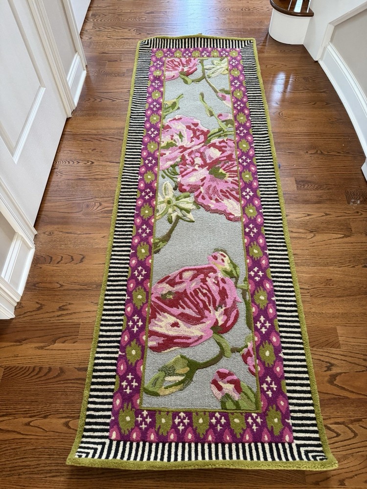 Mackenzie Childs Courtly Stripe Pink Tulip “Summerhouse” Wool Rug NIP 8’ Runner
