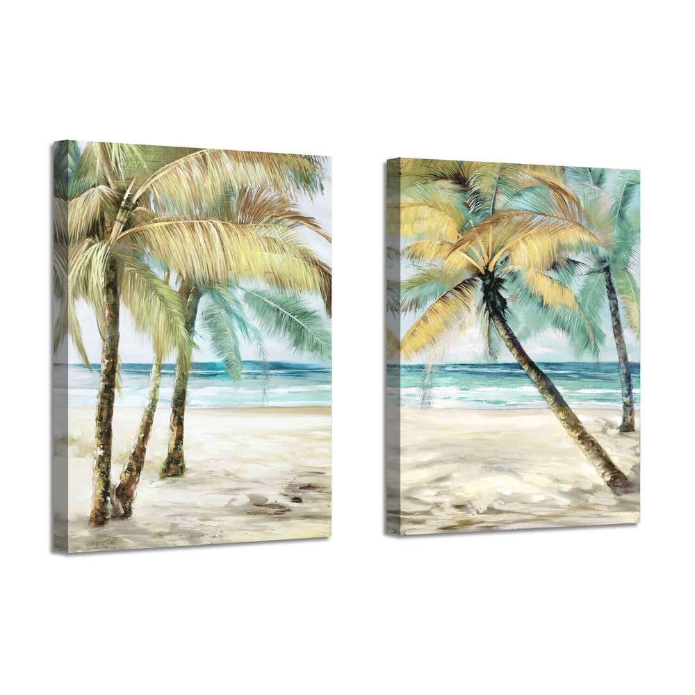 Beach Palm Trees Wall Art: Abstract Coastal Seascape Hand Painted Artwork Pai...-image