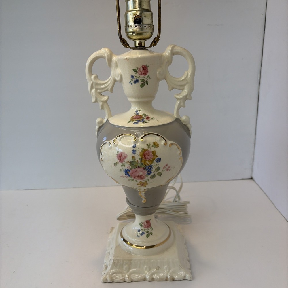 Vtg 26” Ceramic Table Lamp Rose Floral Gold Gilt Urn Style Shabby Chic Rewired