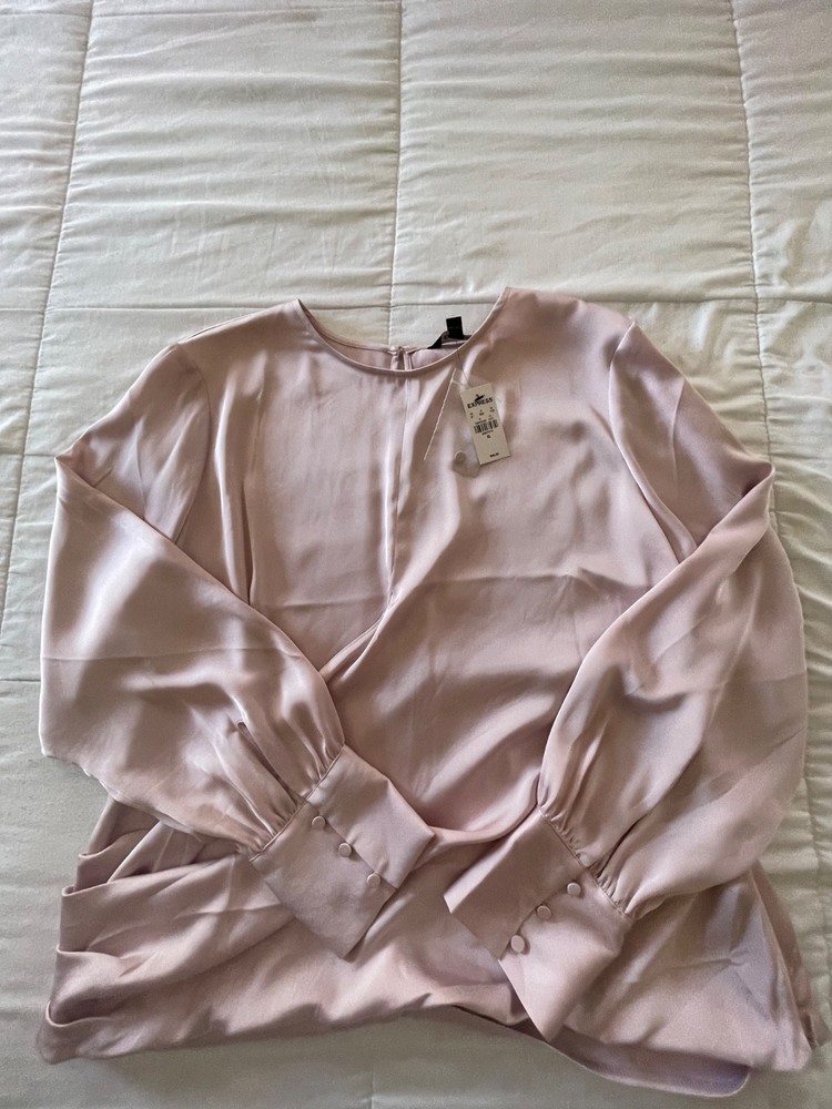 New Express Blush Pink Large silk blend top with buttons on the sleeve.