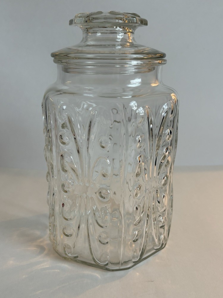 Vtg LE Smith Imperial Atterbury Scroll Clear Glass Canister 9
