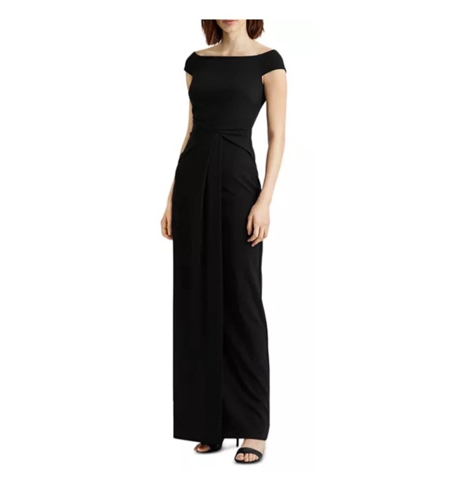 $210 NWT Lauren Ralph Lauren Black Off Shoulder Twist Front Evening Gown 4