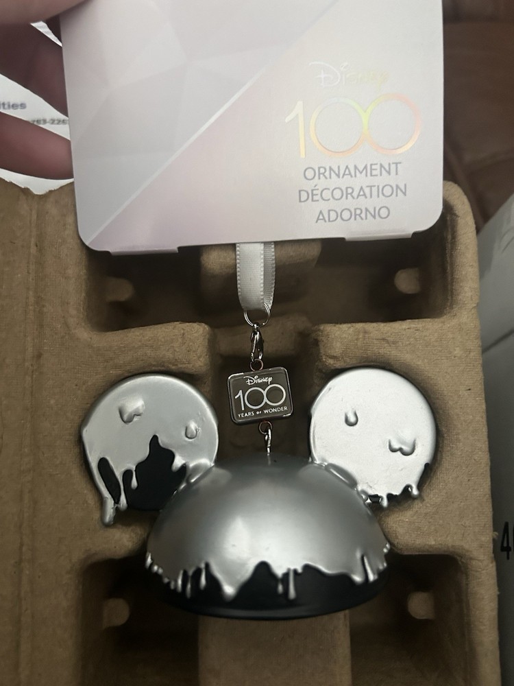 Disney Parks Disney 100 Mickey Mouse Ear Hat Silver Drip Christmas Ornament NIB
