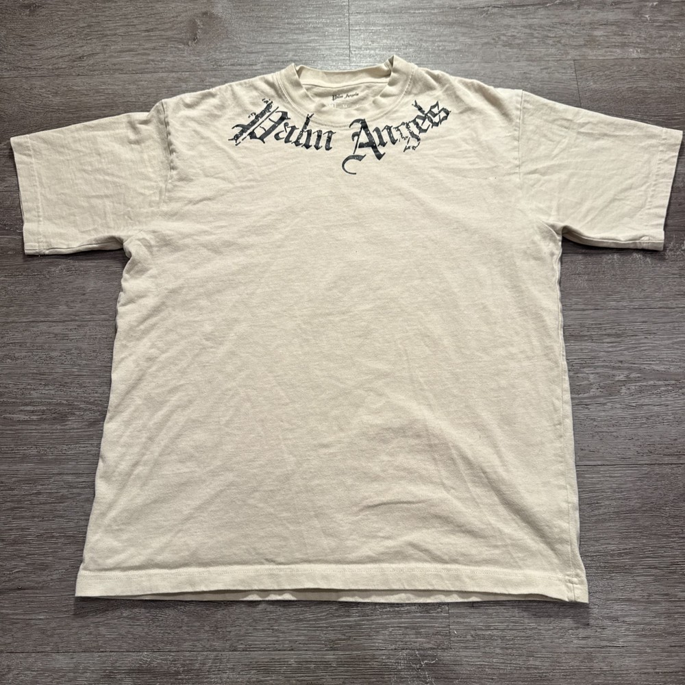 Palm Angels Shirt Mens Medium Beige Short Sleeve Tee Logo Spellout Crew Neck