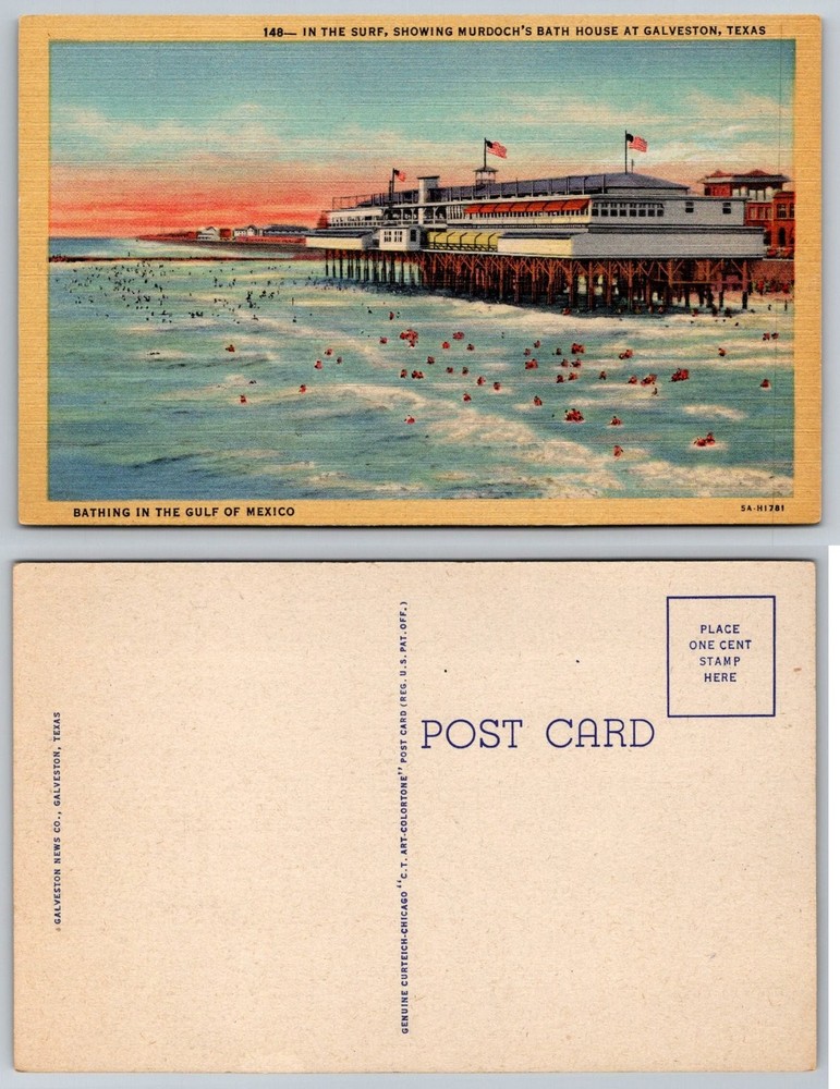 Vintage Linen Postcard Murdoch's Bath House Galveston TX Beach 1930s-40s