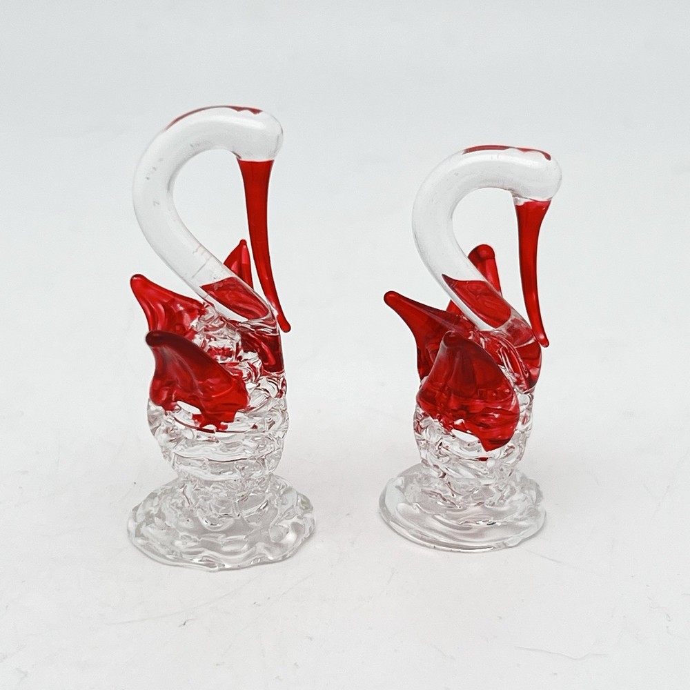 Vintage Hand Blown Art Glass Swan Bird Figurines Small Set Of 2 EUC 2” Tall