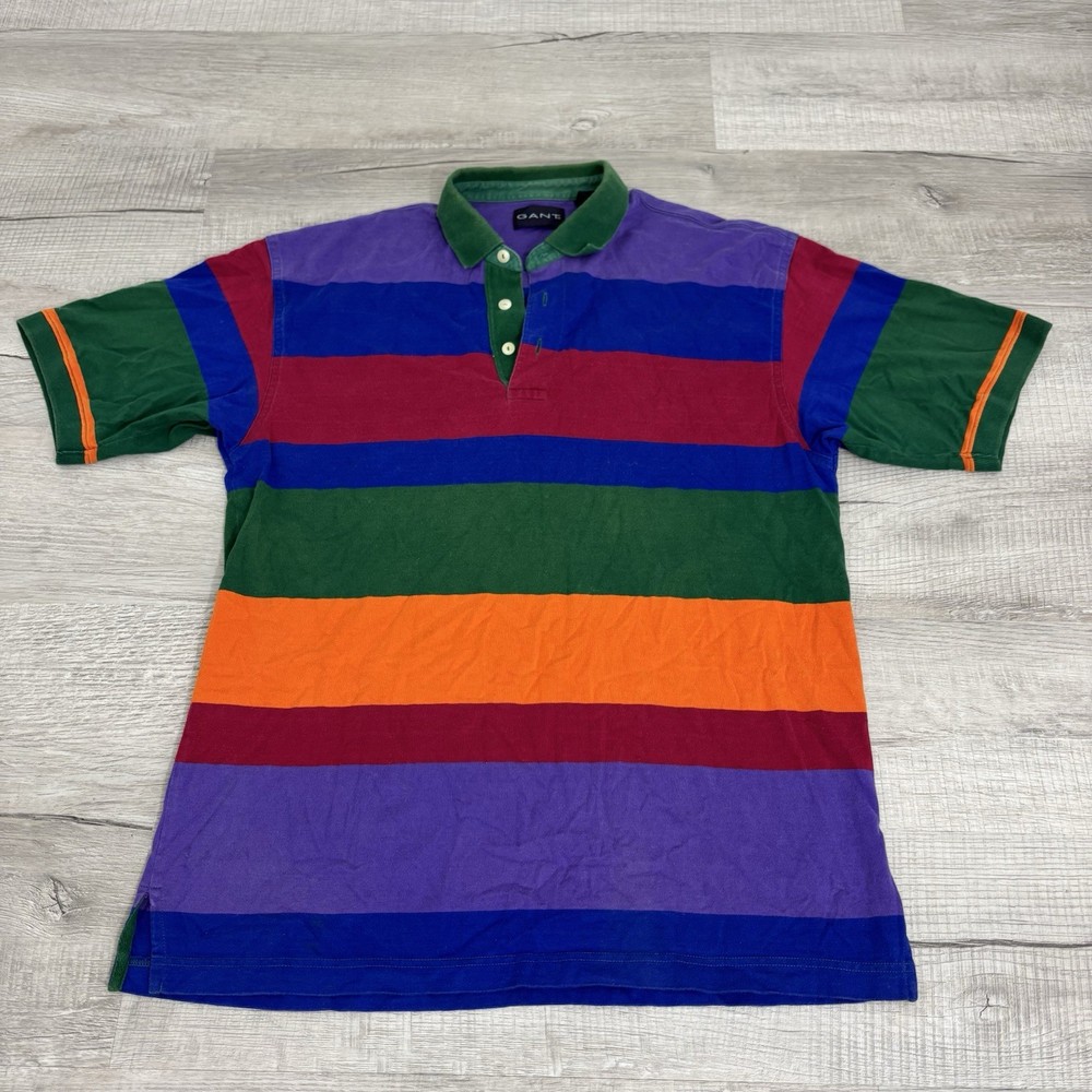 Vintage Gant Multicolor Striped Color Block Short Sleeve Polo Shirt Mens Large
