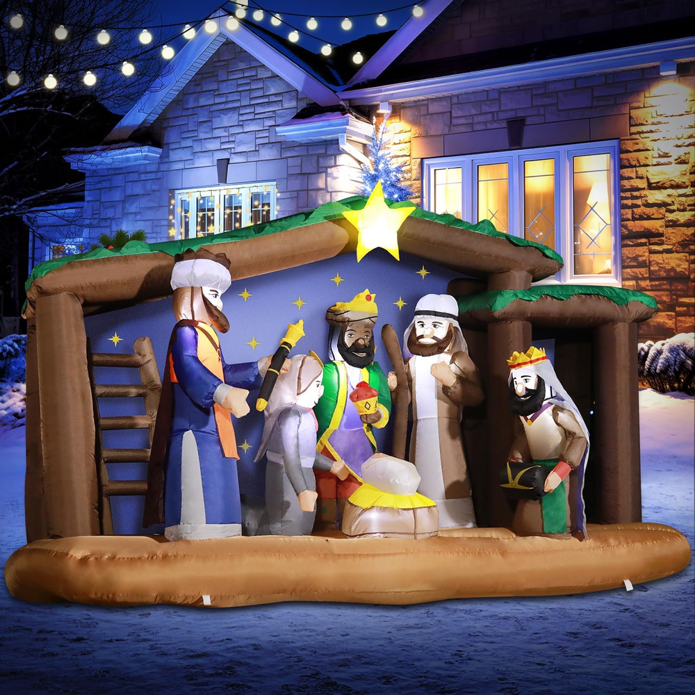 Large 8FT Christmas Inflatables Nativity Scene Outdoor Decorations, LED Lights H