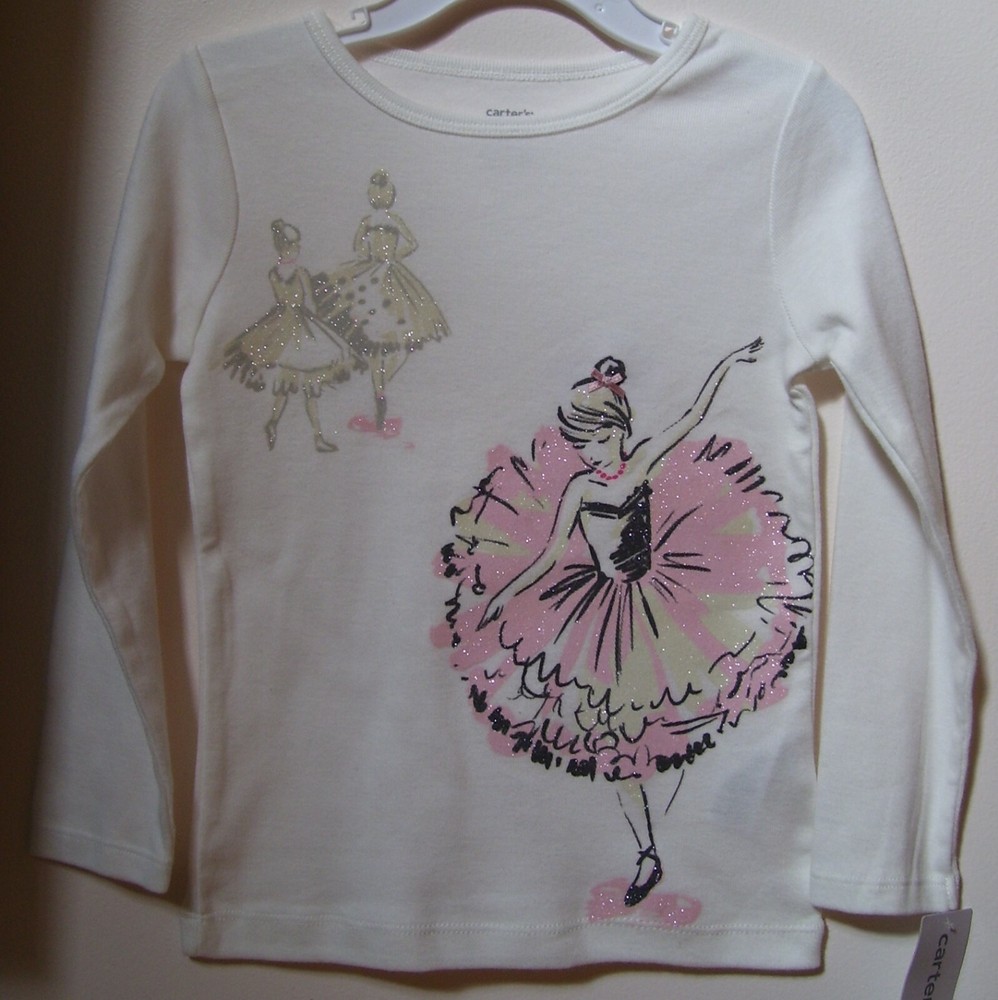 Girls Carter's Ivory Pink Glitter Ballerina Dance Long Sleeve Shirt Sz 2T