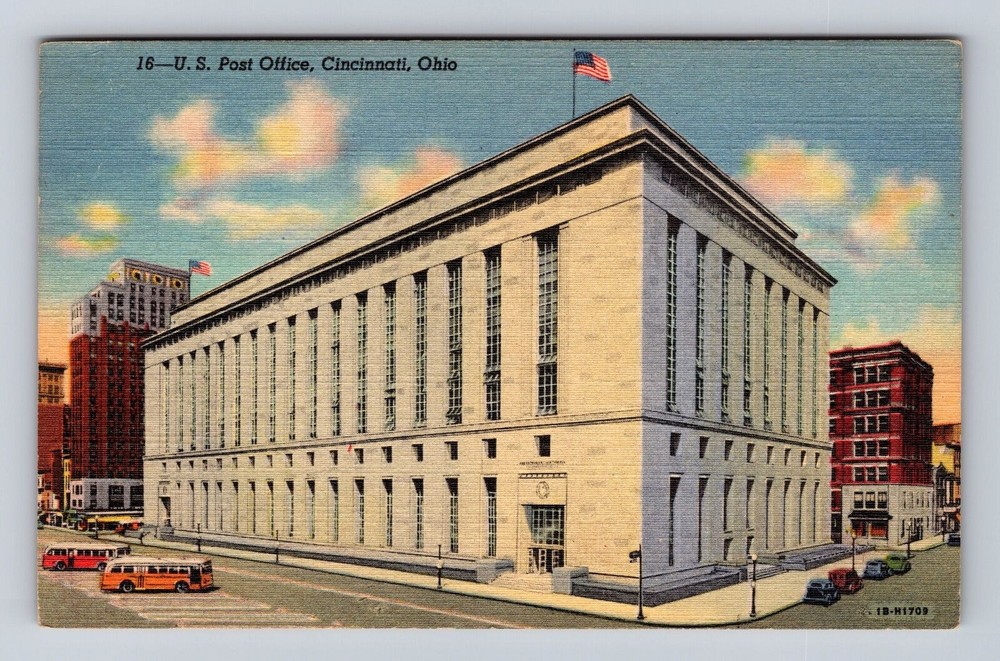 Cincinnati OH-Ohio, U.S. Post Office Building, Buses, Antique, Vintage Postcard