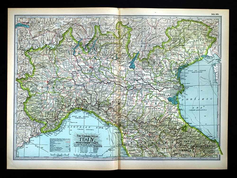 1897 Century Map Italy Rome Florence Venice Milan Pisa Genoa Milan Turin Ravenna
