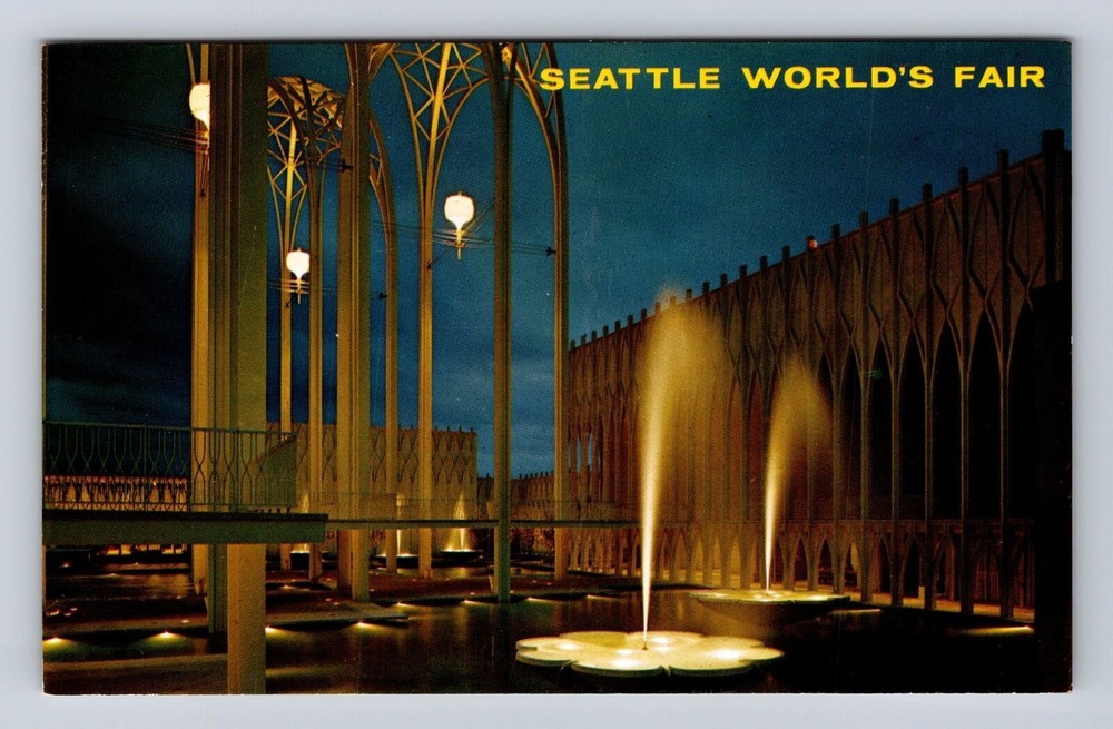 Seattle WA-Washington, Worlds Fair, U.S Science Pavilion Night, Vintage Postcard