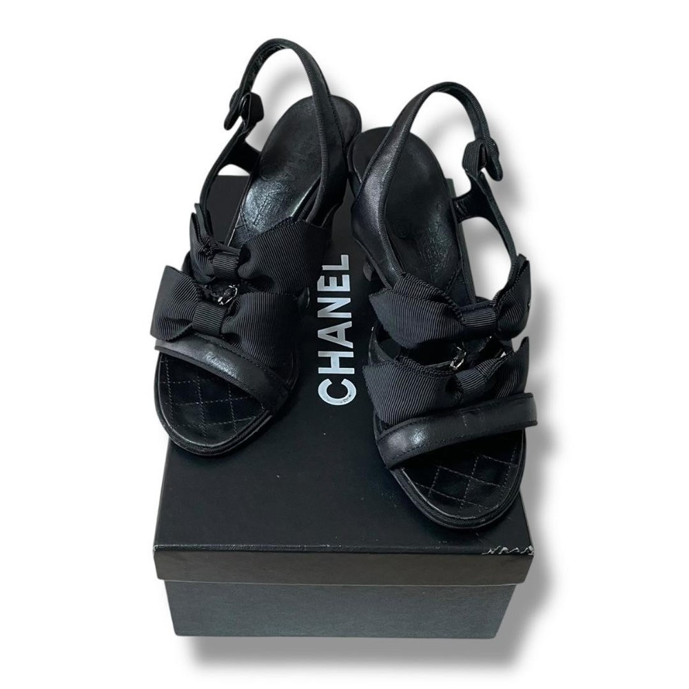 CHANEL Black Leather Ribbon Strap Sandals Heels US5 Authentic Japan RIN