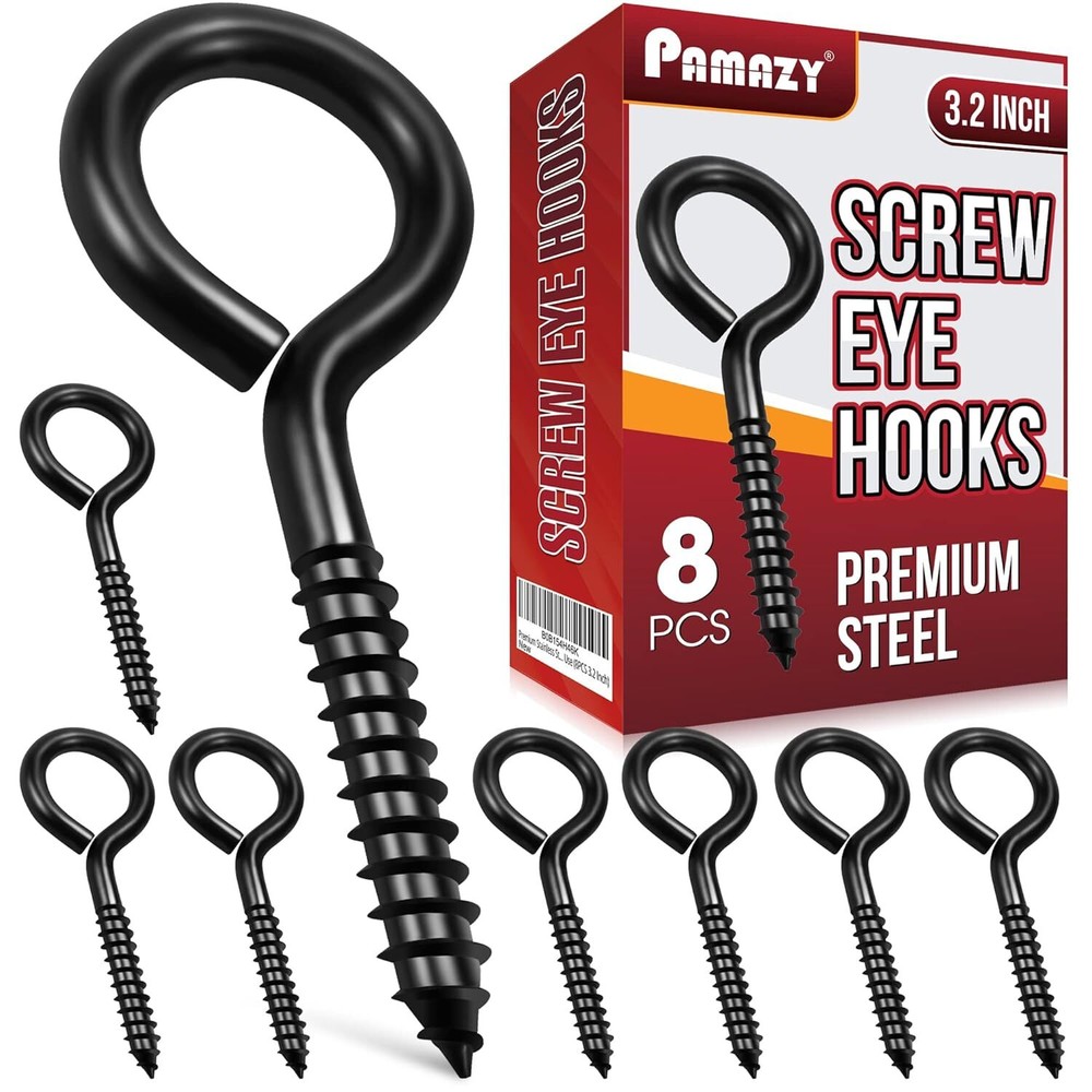 8PCS Screw Eyes, 3.2 Inch Black Eye Hooks Screw Self Tapping for Wood Securing