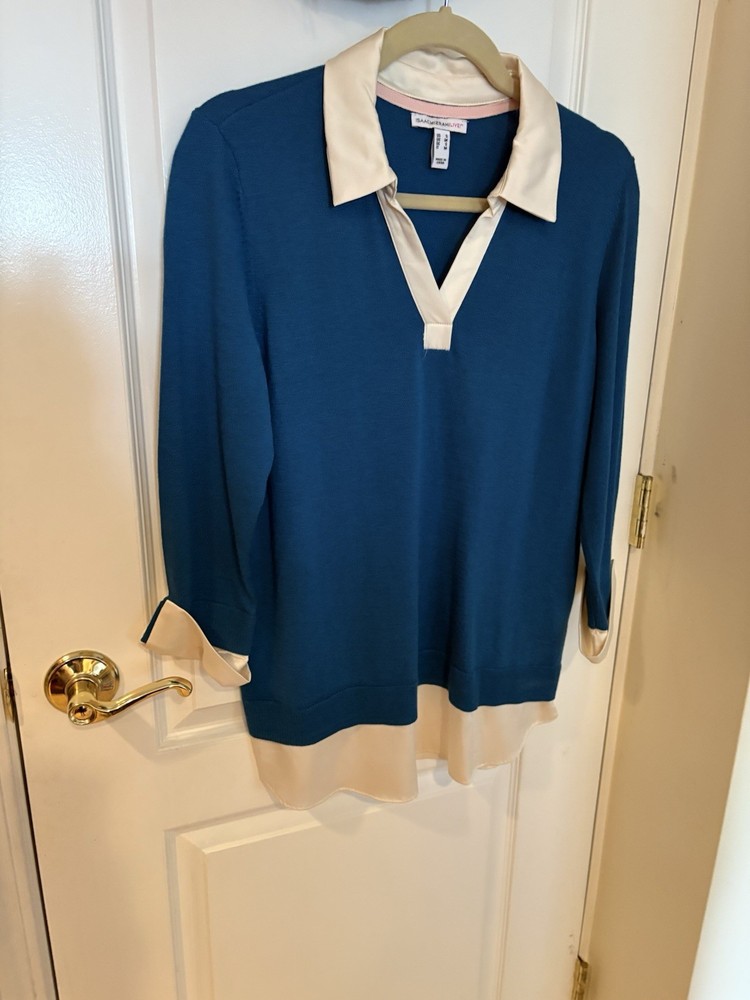 Isaac Mizrahi Live! Blue Cream Knit V Neck Tunic Blouse 3/4 Sleeve Women's S