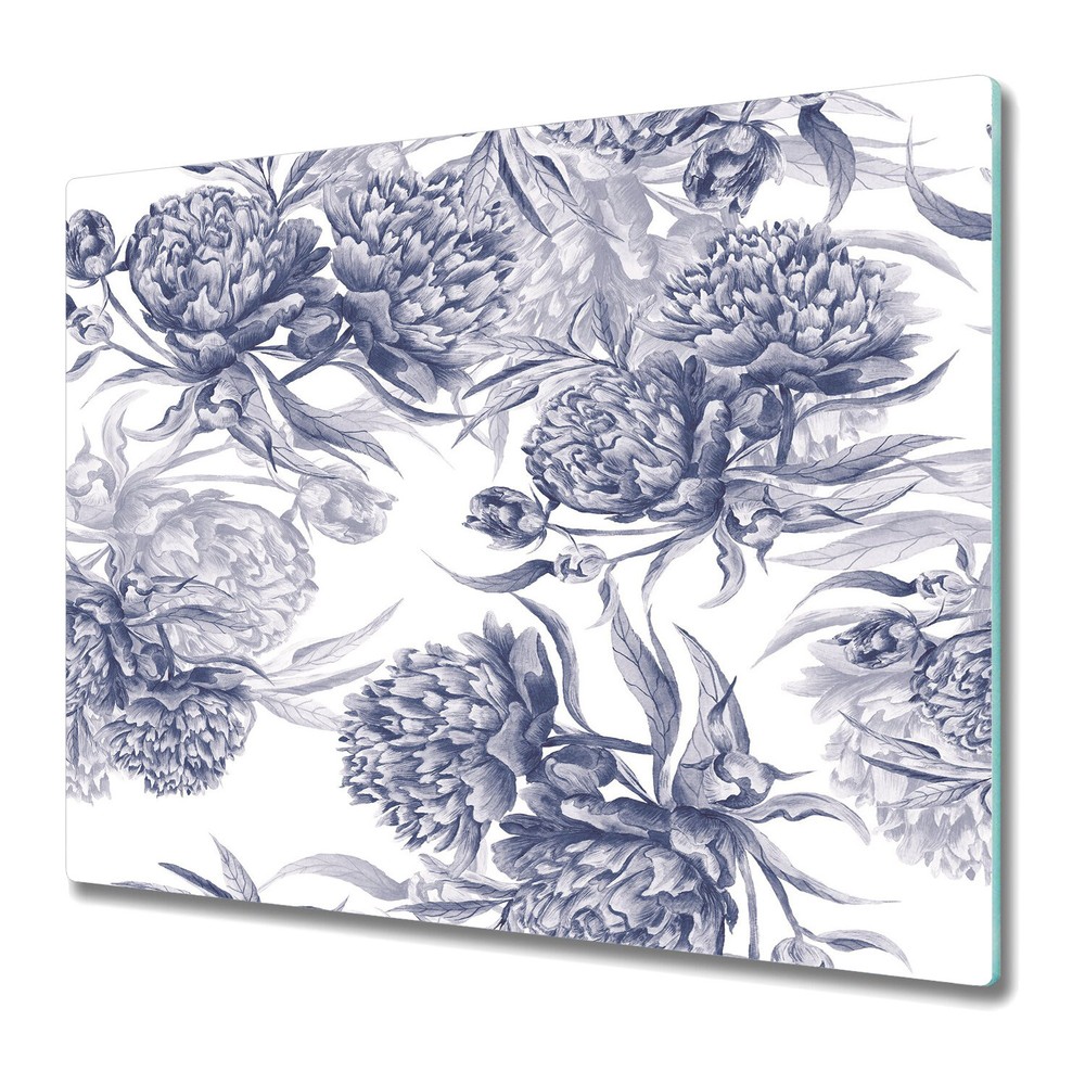 Tempered Glass Chopping Cutting Board Blue Peonies Floral Watercolour 60x52