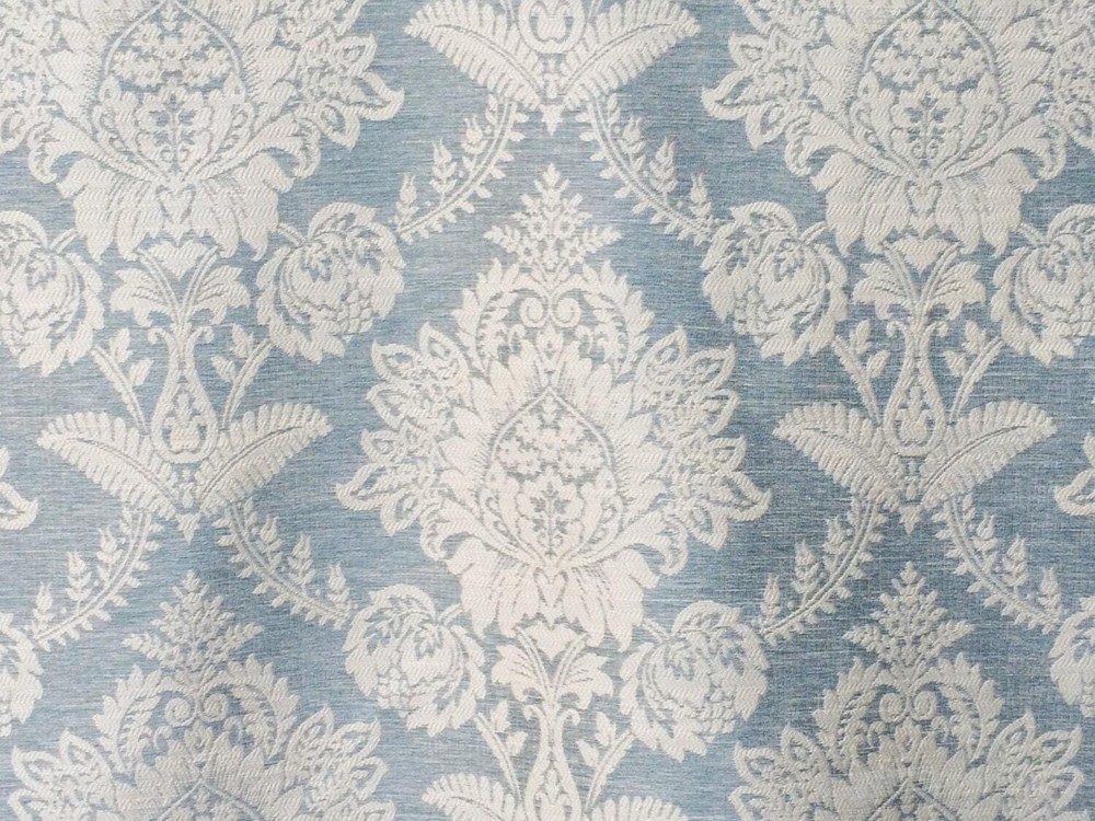 Ivory & Teal Blue Damask Curtain Fabric By The Yard Upholstery Fabric Drapery
