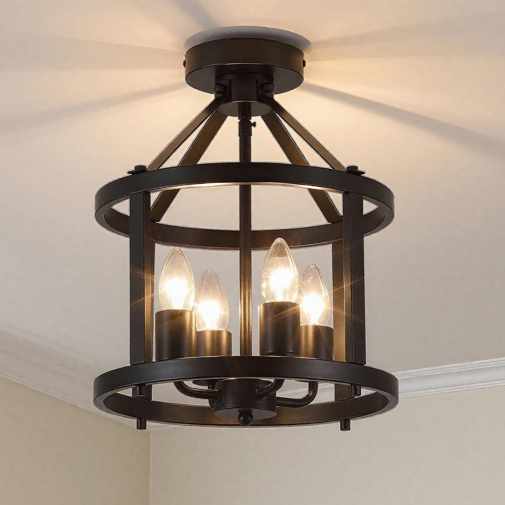 Black Flush Mount Ceiling Light Fixture, 4-Light Farmhouse Semi Flush Mount C...