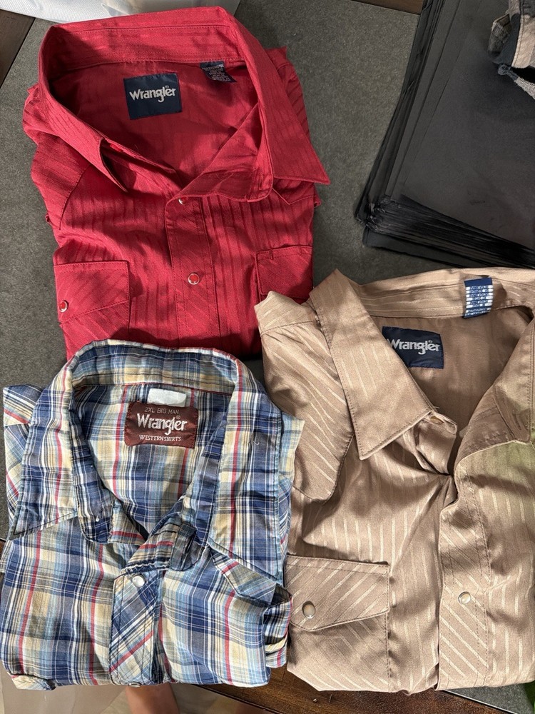 Lot of 3 Men’s Western Pearl Snap Shirts XXL – Wrangler Ely Cattleman Y2K Cowboy