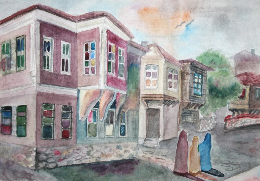 1987 European watercolor painting cityscape signed
