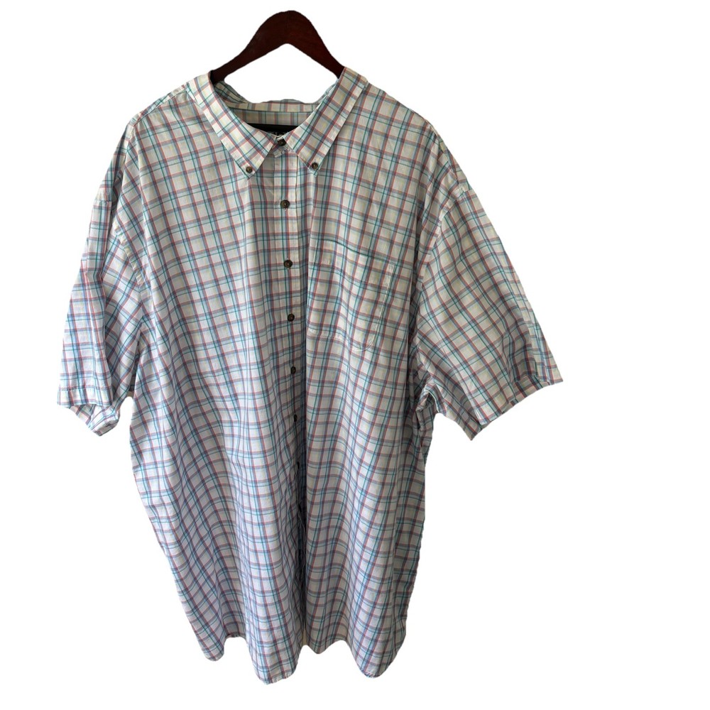 Harbor Bay HB Men's 5XL blue/pink plaid button up SS shirt w/pocket