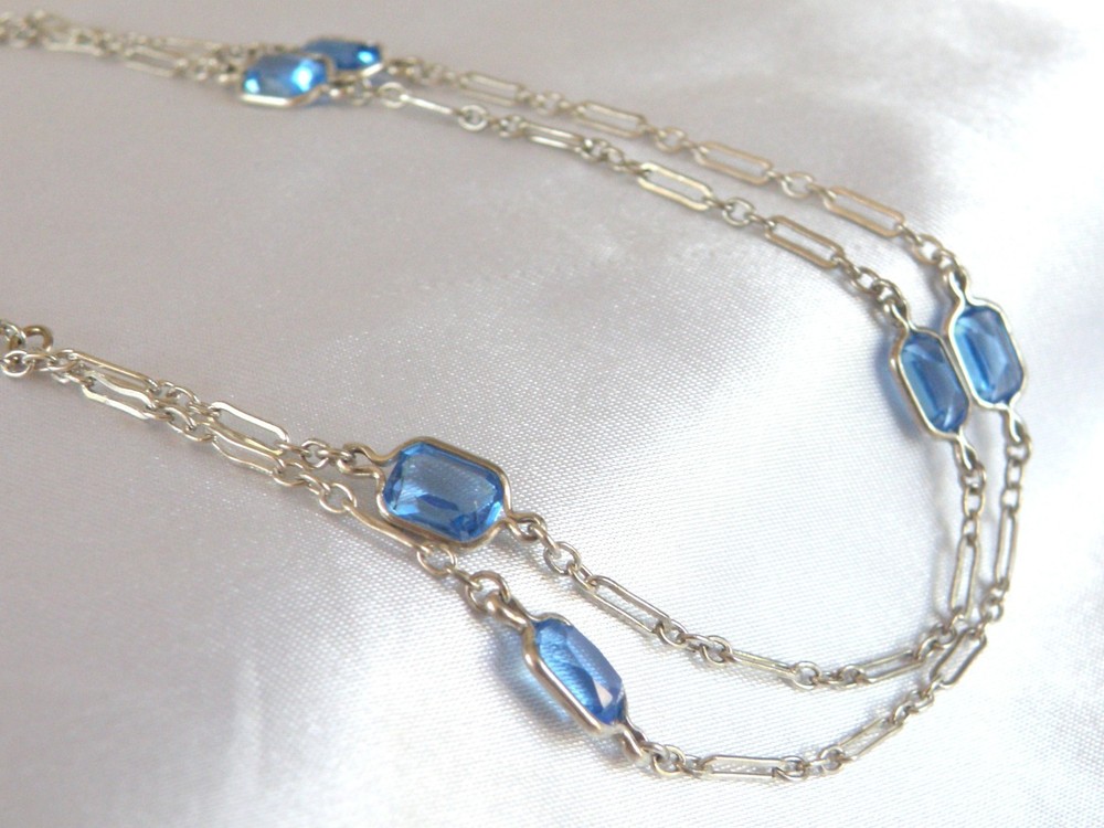 Antique Sterling Silver 925 Blue Gemstone Station Vintage Paperclip Necklace 25