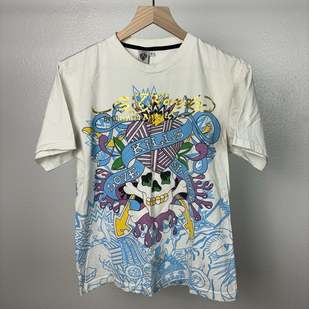 Y2K Ed Hardy Christian Audigier T Shirt Large White AOP Tattoo Grunge Vintage