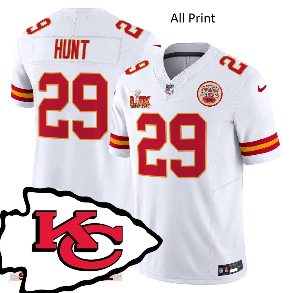 Kansas City Chiefs Super Bowl LIX #29 Kareem Hunt Football Jersey with All Print Options