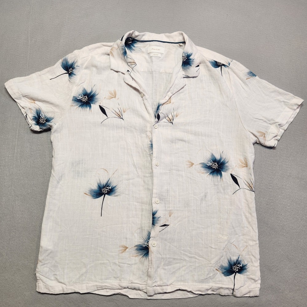 Porter & Ash Linen Blend Floral Button Up Shirt Men’s XL White Blue Hawaiian