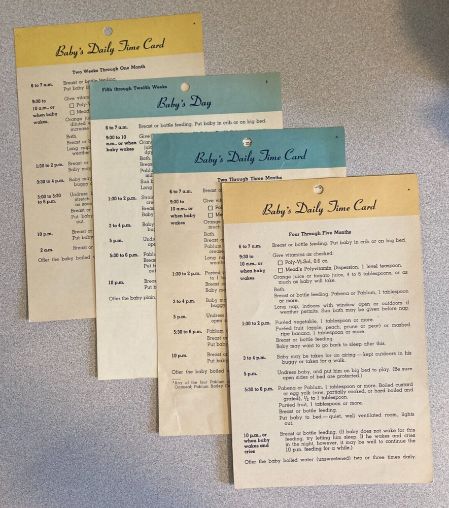 Vintage Baby's Daily Schedule Cards, Set of 4, 2 Weeks Through Five Months, 1953