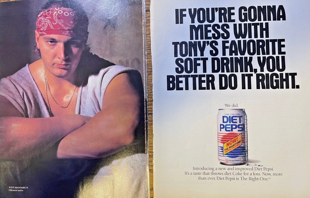 1989 Vintage Magazine Advertisement Diet Pepsi Tony Mandarich