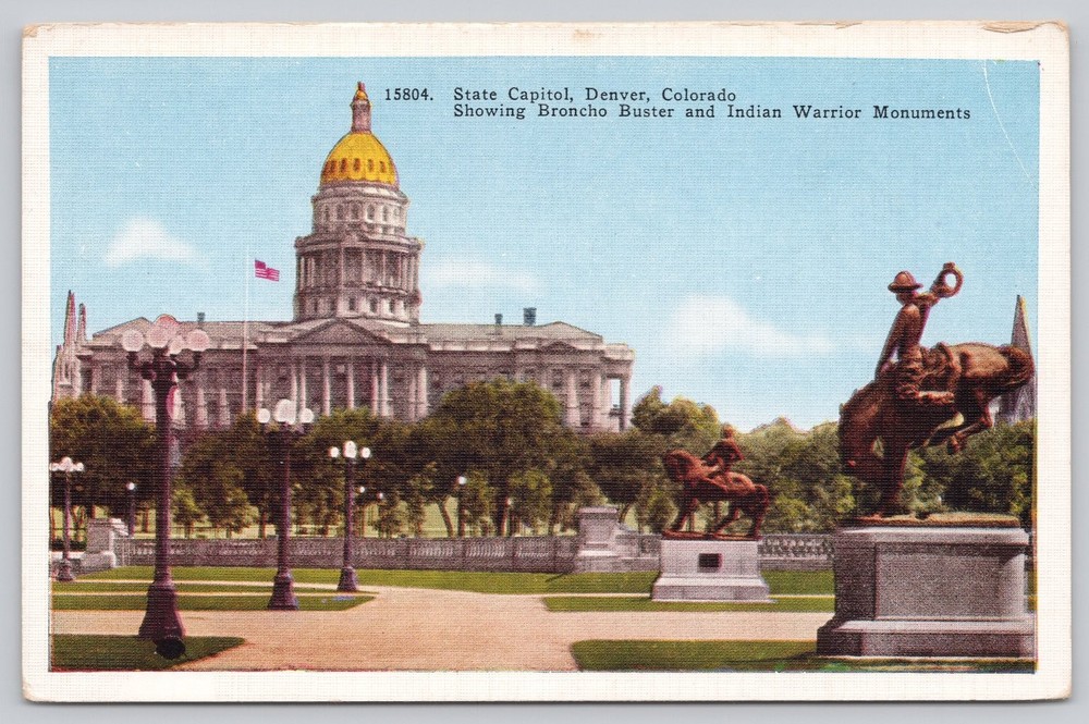 Vintage Linen Postcard Colorado State Capitol Denver Broncho Buster