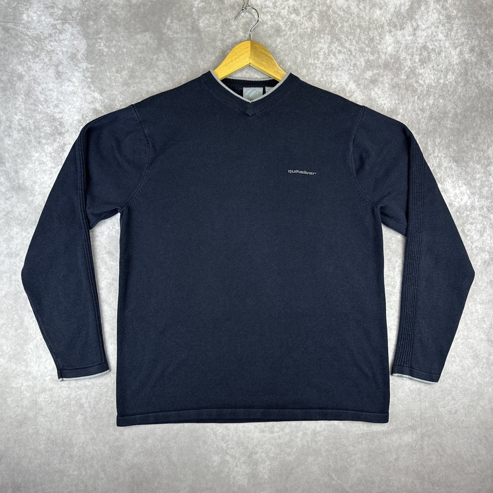 QUIKSILVER Mens Medium Black V-Neck Cotton Blend Sweater Vintage Y2K 90s 2000s