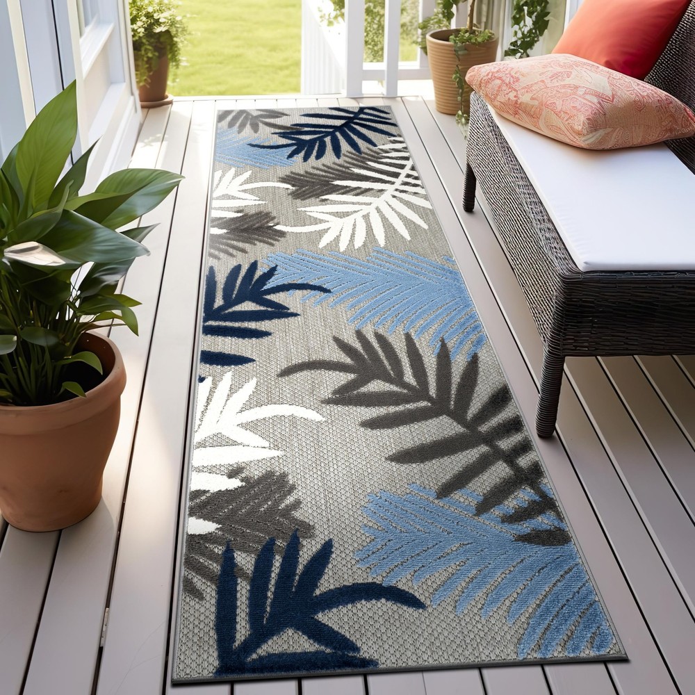 Blue Palm Frond Indoor/Outdoor Runner Rug Easy Cleaning for Hallway, Kitchen ...