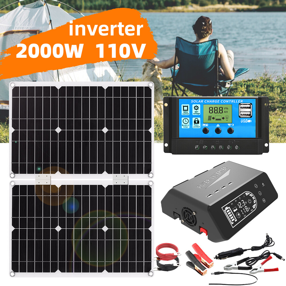 2000W Complete 2 Solar Panel Kit Power Generator Home RV Camping Emergency Power