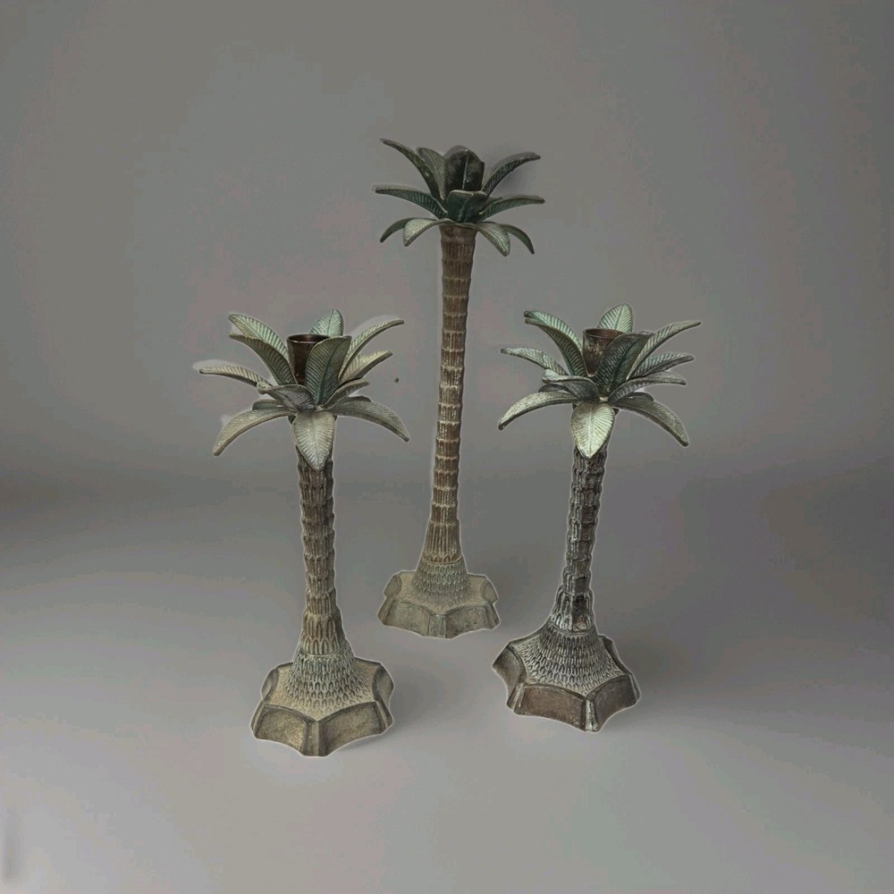 VTG Set Of 3 Metal Palm Tree Candle Holders, Hollywood Regency Style