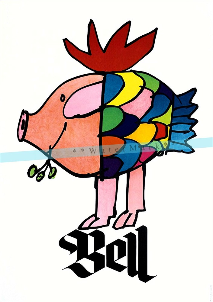 Pig Fish Art 1967 French Advertising Vintage Poster Print Retro Style Wall Art