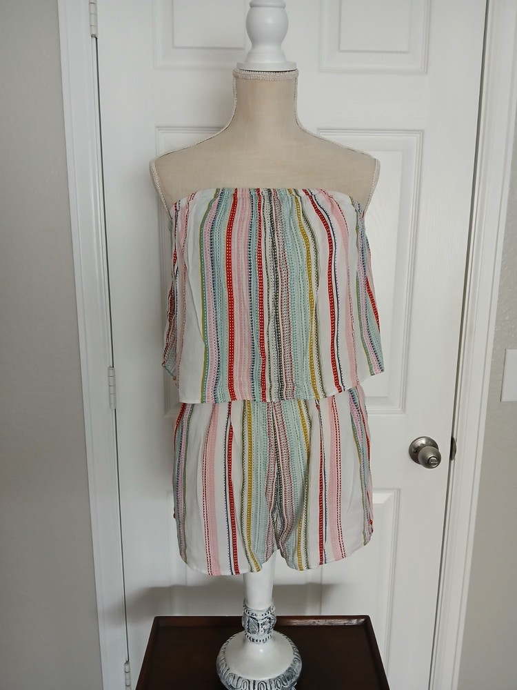 Colorful Striped Strapless Romper S Gauze Beach Resort Vacation Festival Pool