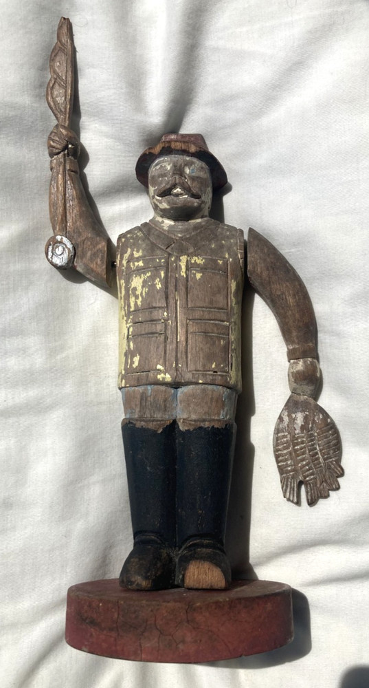 Rare Classic Antique 1900 - 1930'S Folk Art Wood Carved Fisherman Whirligig