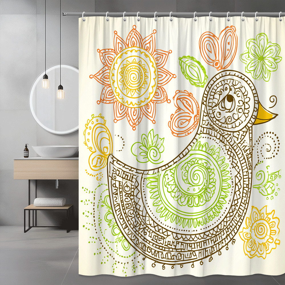 Boho Bird Shower Curtain Floral Line Art Print