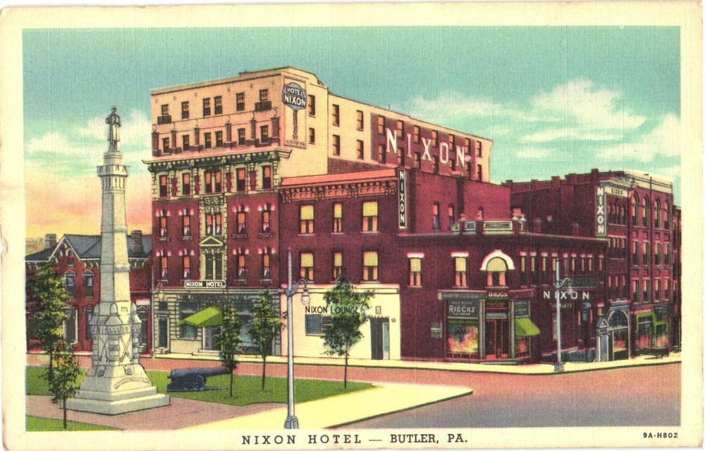 View of Monument And Nixon Hotel, Butler's Leading Hotel, Pennsylvania Postcard