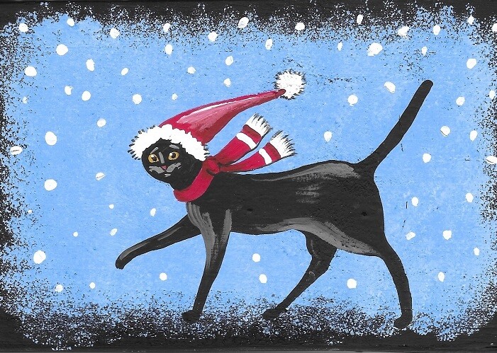 ACEO PRINT OF PAINTING RYTA FOLK ART BLACK CAT CHRISTMAS HOLIDAY WINTER GIFT ART