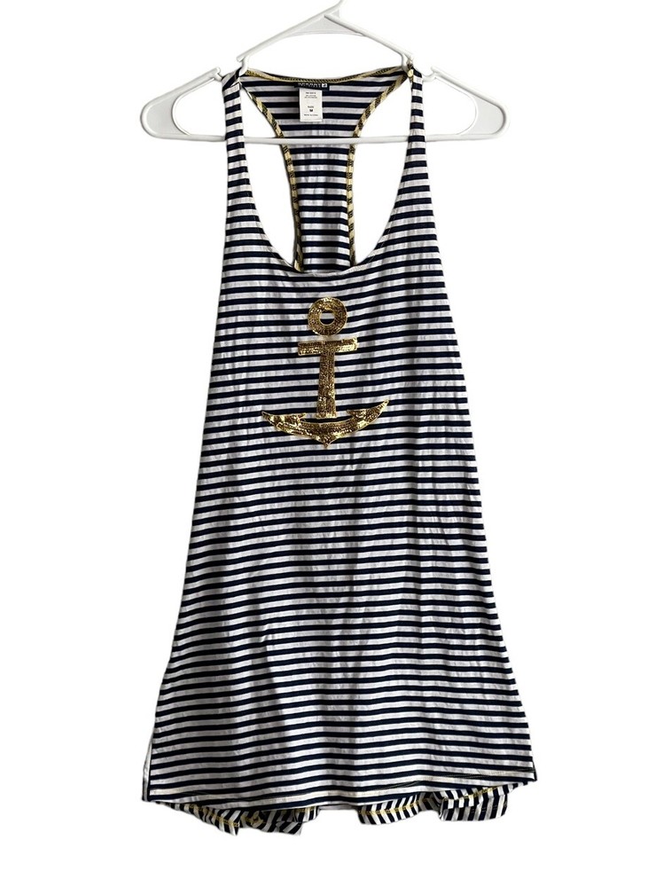 Sperry Womens Tunic Tank Top Sz Medium Blue White Gold Sequin Anchor Nautical