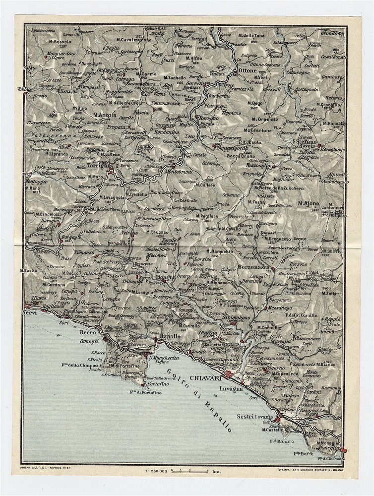 1927 Original Vintage Map Of Vicinity Of Rapallo Recco Chiavari / Liguria Italy