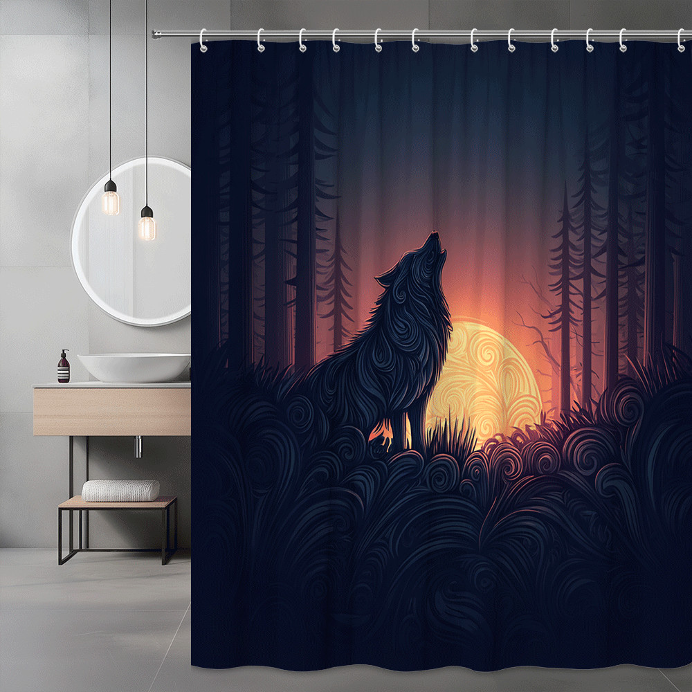 Wolf Forest Sunset Shower Curtain Graphic Animal Print