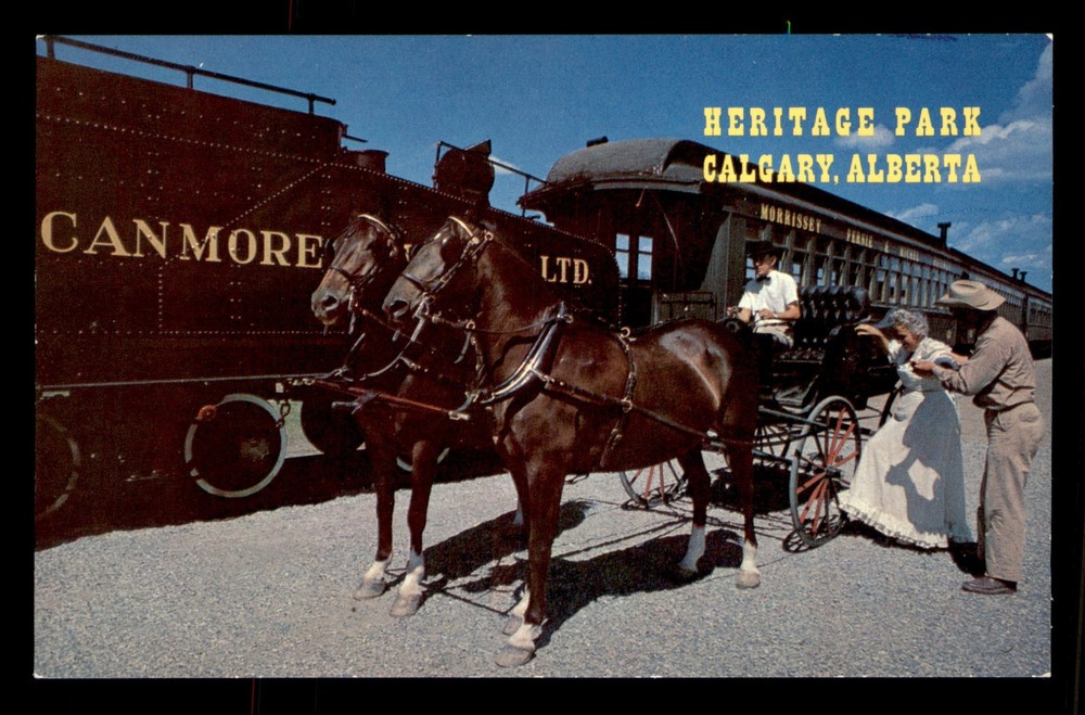 Heritage Park Calgary Alberta Canada Buggy & Train People Horses Postcard Unp
